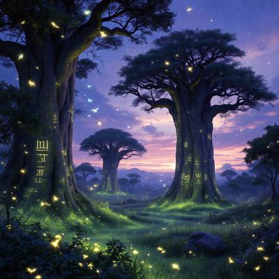 The primary subject of the image is a forest filled with trees and illuminated by a purple glow. The setting is a lush green forest with a serene atmosphere. The visual style is a digital art or illustration, creating a surreal and magical environment. The colors and mood are predominantly purple, giving the scene a mystical and enchanting feel.